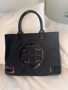 Tory Burch Black Nylon Tote with Patent Trim